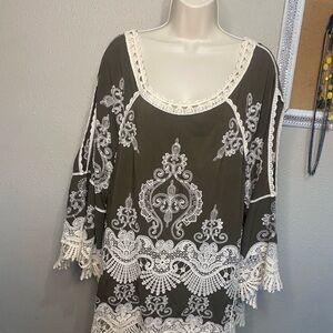Democracy Olive Green Blouse with White Lace Boho, Bell Sleeves XL